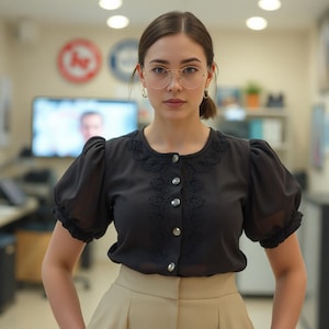 Puede incluir: Una mujer con una blusa negra con un diseño de encaje y un frente abotonado. Lleva pantalones beige y tiene el pelo recogido hacia atrás. Lleva gafas y tiene una expresión seria en su rostro.