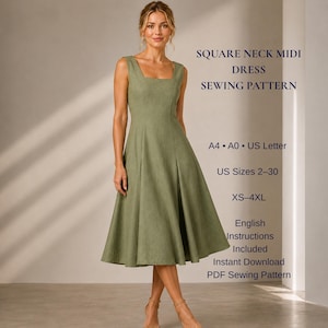 Könnte beinhalten: Ein salbeigrünes Midikleid mit eckigem Ausschnitt und ausgestelltem Rock. Der Text lautet: SQUARE NECK MIDI DRESS SEWING PATTERN, A4, A0, US Letter, US Sizes 2-30, XS-4XL, English Instructions Included, Instant Download, PDF Sewing Pattern.