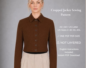 Naaipatroon voor een cropped jasje (PDF) | Getailleerde blazer voor dames | Moderne korte jas | XS-4XL | A4 A0 US Letter