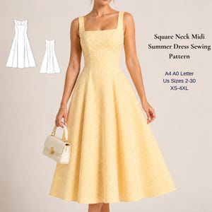 Patron de couture de robe midi à encolure carrée, robe d'été Cottagecore (téléchargement numérique)