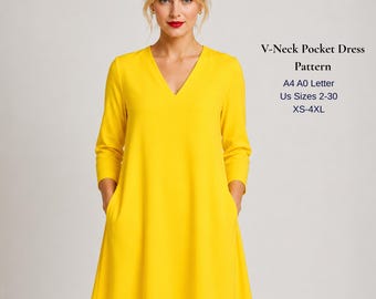 Women’s V-Neck Dress Sewing Pattern, Pocket Tunic Dress PDF, A-Line Casual Dress Pattern, XS-4XL