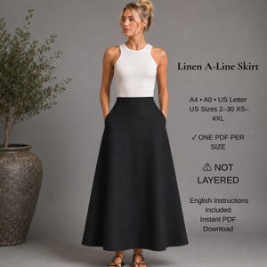 Może przedstawiać: Czarna spódnica o kroju litery A w połączeniu z białym topem bez rękawów. Tekst po prawej stronie brzmi: Linen A-Line Skirt, A4, A0, US Letter, US Sizes 2-30 XS-4XL, ONE PDF PER SIZE, NOT LAYERED, English Instructions Included, Instant PDF Download.