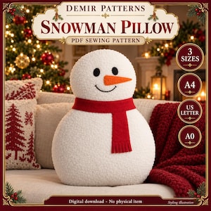 May include: A white, textured snowman-shaped pillow with a red felt scarf, black circular eyes, and an orange felt carrot nose. The text reads: DEMIR PATTERNS SNOWMAN PILLOW PDF SEWING PATTERN, 3 SIZES, A4, US LETTER, A0, and Digital download - No physical item.
