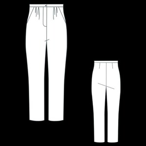 以下が含まれることがあります： 白いハイウエストパンツ2組の線画。1つはフルレングス、もう1つはクロップドバージョンです。どちらもボタン留めとウエストにプリーツがあり、ストレートレッグです。