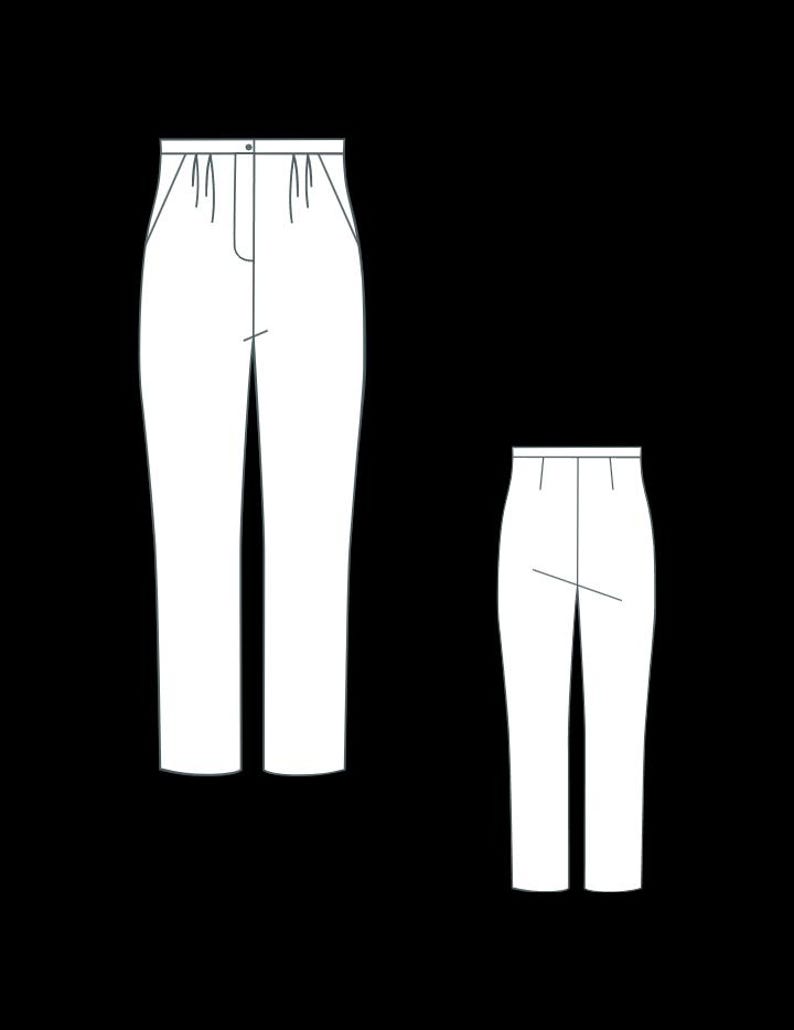 以下が含まれることがあります： 白いハイウエストパンツ2組の線画。1つはフルレングス、もう1つはクロップドバージョンです。どちらもボタン留めとウエストにプリーツがあり、ストレートレッグです。
