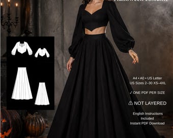 Halloween Costume Sewing Pattern, Gothic Crop Top & Maxi Skirt PDF Pattern, Witch Outfit, Bishop Sleeve, Women XS-4XL