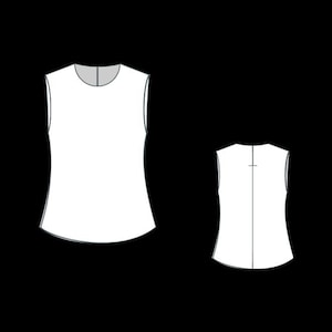 May include: A white sleeveless top shown from both the front and back views. The garment features a round neckline, a straight hemline, and a vertical seam running down the center of the back panel, which includes a small horizontal detail.