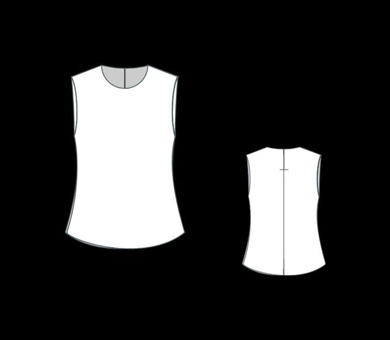 May include: A white sleeveless top shown from both the front and back views. The garment features a round neckline, a straight hemline, and a vertical seam running down the center of the back panel, which includes a small horizontal detail.