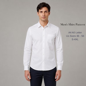 Peut inclure: Une chemise blanche à manches longues avec une poche poitrine. Le texte à droite indique : Men's Shirt Pattern, A4 A0 Letter, US Sizes 36 - 56, S-4XL. La chemise présente un col classique et une patte de boutonnage, portée sur un pantalon sombre.