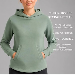 Patron de couture PDF pour sweat à capuche femme | Sweat à capuche classique | Sweat à capuche avec poche kangourou | XS-4XL | A4, A0, Lettre US