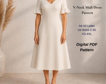 Boho V Neck Midi Dress Sewing Pattern PDF, Flutter Sleeve Cottagecore Dress, Summer Dress, XS-4XL, A4 A0 US Letter