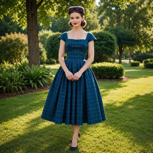 Könnte beinhalten: Ein dunkelblaugrünes, kariertes Midikleid mit kurzen Ärmeln, quadratischem Ausschnitt und einem weiten, plissierten Rock. Das Kleid hat ein eng anliegendes Oberteil und einen passenden karierten Pillbox-Hut. Der Stoff hat ein durchgehendes Gittermuster.