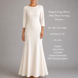 Long Sleeve Maxi Dress Sewing Pattern PDF | Elegant Mermaid Dress Pattern | Round Neck Gown | XS-4XL | A4 A0 US Letter