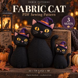 Fabric Cat Sewing Pattern PDF, Halloween Witch Cat Plush Pattern, Stuffed Cat Decor, 3 Sizes, A4 US Letter A0