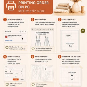 May include: An infographic titled Demir Patterns PDF Sewing Patterns, featuring a six-step guide for printing digital files. It includes illustrations of a computer interface, printer settings, and assembly instructions with a 5 cm test square.