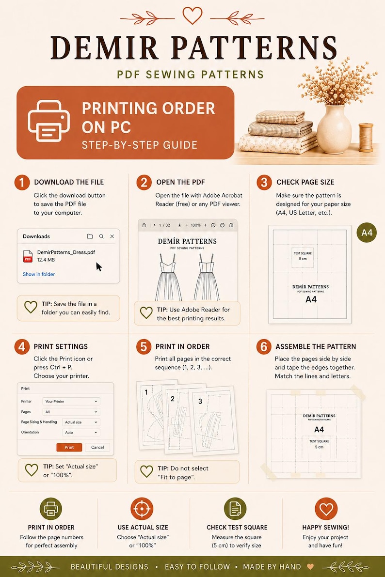 May include: An infographic titled Demir Patterns PDF Sewing Patterns, featuring a six-step guide for printing digital files. It includes illustrations of a computer interface, printer settings, and assembly instructions with a 5 cm test square.