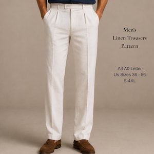 K&ouml;nnte beinhalten: Cremewei&szlig;e Leinenhose mit Bund, G&uuml;rtelschlaufen und einer Vorderfalte. Der Text rechts lautet: Men's Linen Trousers Pattern, A4 A0 Letter, US Sizes 36 - 56, S-4XL. Die Hose hat einen geraden Schnitt und wird mit braunen Slippern kombiniert.