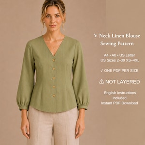 May include: A sage green V-neck linen blouse with long sleeves and a front button closure. The text reads: V Neck Linen Blouse Sewing Pattern, A4, A0, US Letter, US Sizes 2-30 XS-4XL, ONE PDF PER SIZE, NOT LAYERED, English Instructions Included, Instant PDF Download.