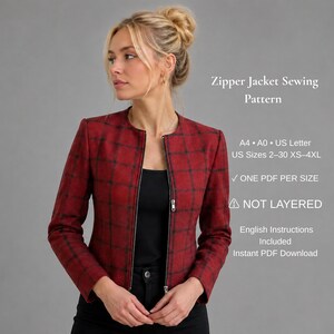 Zipper Jacket Sewing Pattern PDF, Collarless Jacket Pattern, Women's Tailored Jacket, Cropped Blazer, XS-4XL, A4 A0 US Letter
