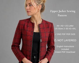 Naaipatroon voor een jasje met rits (PDF), patroon voor een jasje zonder kraag, getailleerd damesjasje, korte blazer, XS-4XL, A4 A0 US Letter