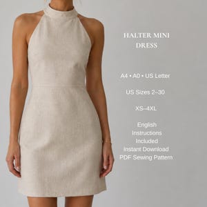 Mönster för miniklänning med halterneck i PDF-format | Mönster för klänning i linne med rygglös design | Sommarklänning för kvinnor | XS-4XL | A4, A0 och US Letter