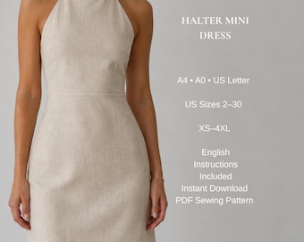 Halter Neck Mini Dress Sewing Pattern PDF | Backless Linen Dress Pattern | Women's Summer Dress | XS-4XL | A4, A0 & US Letter