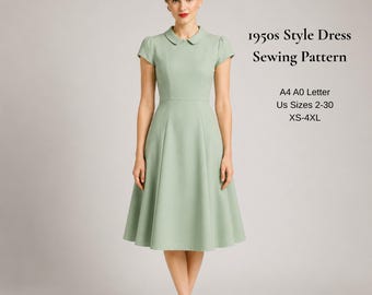 1950s Dress Sewing Pattern PDF | Vintage Fit and Flare Dress | Peter Pan Collar Dress | XS-4XL | A4 A0 US Letter