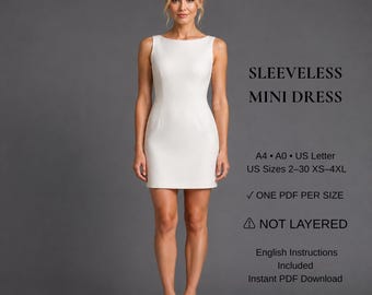 Patrón de costura en PDF para minivestido sin mangas, patrón de vestido recto con escote barco, vestido ajustado de corte A, tallas XS–4XL, tamaño A4 A0 Carta (EE. UU.)