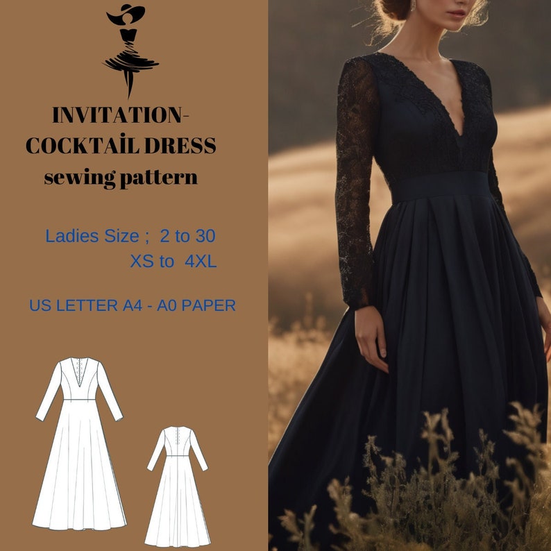 May include: A navy blue cocktail dress sewing pattern with a deep V-neck and long lace sleeves. The pattern includes sizes 2 to 30 and XS to 4XL. The image also shows a sketch of the dress.
