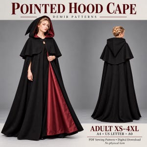 May include: A black floor-length cape with a pointed hood and deep red lining. The text reads Pointed Hood Cape Demir Patterns Adult XS-4XL A4 US Letter A0 PDF Sewing Pattern Digital Download. The cape features a front closure.
