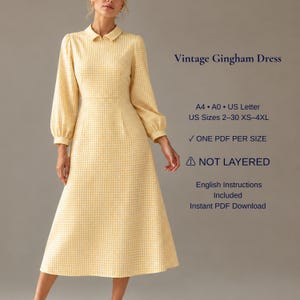 Vintage Gingham Dress Sewing Pattern PDF | Puff Sleeve Midi Dress | Peter Pan Collar A-Line Dress | XS-4XL | A4 A0 US Letter