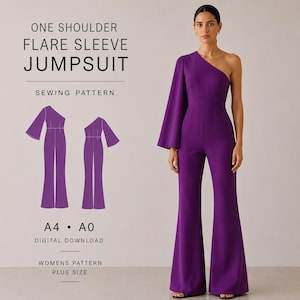 Könnte beinhalten: Ein lila Jumpsuit mit einer Schulter und ausgestellten Ärmeln. Das Bild enthält ein Schnittmuster mit Illustrationen des Designs und dem Text "ONE SHOULDER FLARE SLEEVE JUMPSUIT" und "SEWING PATTERN". Das Muster ist ein digitaler Download, erhältlich in Übergrößen.