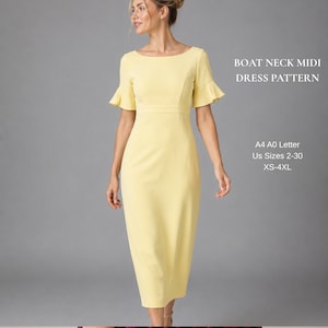Patrón de costura para vestido midi con escote barco y mangas con volantes, elegante vestido para mujer (tallas XS-4XL)
