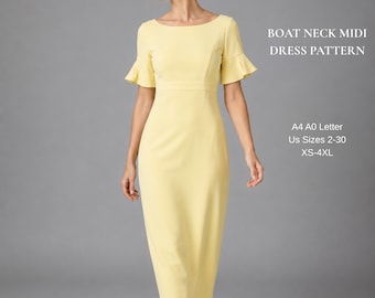 May include: A pale yellow midi dress with a boat neckline and short flared sleeves. The text on the right reads: BOAT NECK MIDI DRESS PATTERN, A4 A0 Letter, US Sizes 2-30, XS-4XL. The dress features a fitted bodice and a straight skirt silhouette.