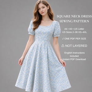 Square Neck Midi Dress Sewing Pattern PDF | Puff Sleeve Fit and Flare Dress | Women's Vintage Cottagecore Dress | XS-4XL | A4 A0 US Letter