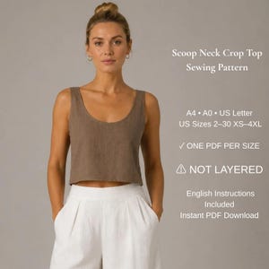 Scoop Neck Crop Top Sewing Pattern PDF | Sleeveless Tank Top Pattern | Women's Linen Summer Top | XS-4XL | A4 A0 US Letter