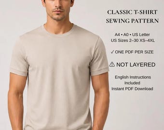 Men's Classic T-Shirt Sewing Pattern PDF | Crew Neck Short Sleeve Tee Pattern | Basic Men's T-Shirt | S-4XL | A4 A0 US Letter