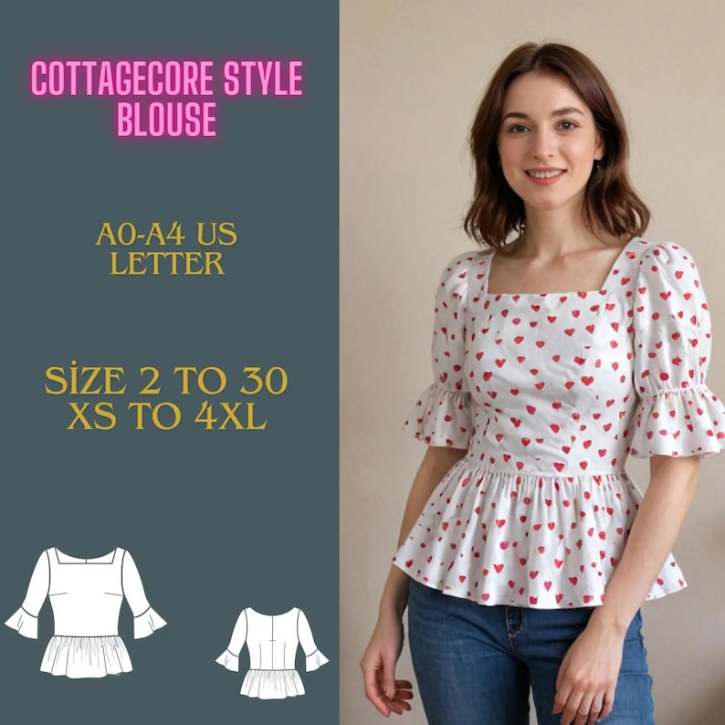 May include: White blouse with a red heart pattern, square neckline, and ruffled sleeves. The blouse features a peplum hem and is part of the cottagecore style. The image also includes text that says "COTTAGECORE STYLE BLOUSE", "A0-A4 US LETTER", and "SIZE 2 TO 30 XS TO 4XL".