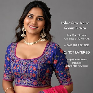 Indian Saree Blouse Sewing Pattern PDF | Round Neck Choli Pattern | Traditional Crop Blouse | XS-4XL | A4 A0 US Letter