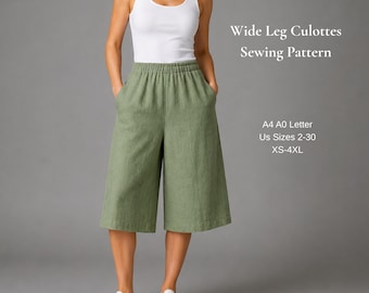 Wide Leg Culottes Sewing Pattern PDF | Elastic Waist Pocket Pants Pattern | Cropped Linen Trousers | Women's Summer Pants | XS-4XL