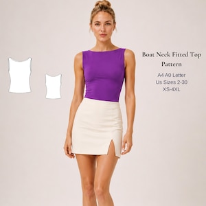 May include: A woman wearing a purple boat neck fitted top and a cream-colored mini skirt with a side slit. The image also includes a pattern for the top, with text that reads "Boat Neck Fitted Top Pattern, A4 A0 Letter, Us Sizes 2-30, XS-4XL."