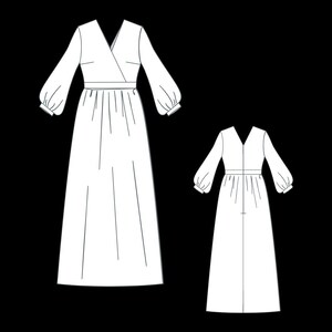 以下が含まれることがあります： 2つのロングドレスの線画。ドレスはVネック、ギャザーカフスの長袖、フィットしたウエストです。大きなドレスはラップスタイルのボディスとフルスカートです。小さなドレスは中央に縫い目があります。