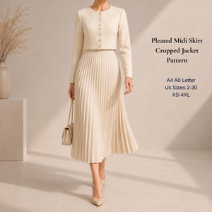 May include: A cream-coloured cropped jacket with long sleeves and a front button closure paired with a matching pleated midi skirt. The text reads: Pleated Midi Skirt Cropped Jacket Pattern, A4 A0 Letter, Us Sizes 2-30, XS-4XL.
