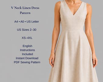Patrón de costura en PDF para vestido de lino con escote en V / Patrón de vestido midi sin mangas con corte en A / Vestido de mujer / Tallas XS-4XL / Tamaños A4 y A0 (tamaño carta estadounidense)