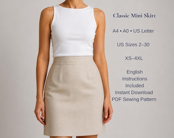 Classic Mini Skirt Sewing Pattern PDF, High Waist A Line Skirt Pattern, Tailored Pencil Style Skirt, XS-4XL, A4 A0 US Letter