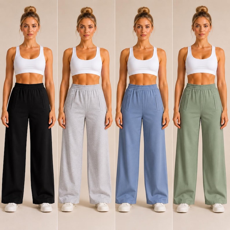 May include: A set of four wide-leg sweatpants paired with white sports bras. The sweatpants are shown in black, light gray, dusty blue, and sage green. Each pair features an elastic waistband, side pockets, and a loose, straight-leg fit.