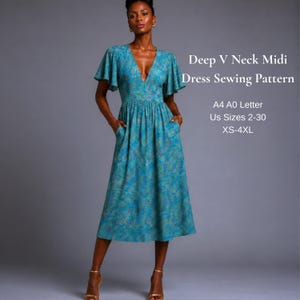 May include: A teal midi dress with a deep V-neck, flutter sleeves, and a gathered waist with pockets. The fabric features a blue and yellow floral pattern. Text reads: Deep V Neck Midi Dress Sewing Pattern, A4 A0 Letter, US Sizes 2-30, XS-4XL.