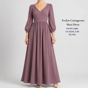 Patrón de costura para vestido largo Evelyn Cottagecore, vestido de corte imperio con escote en V en formato PDF, vestido con mangas abullonadas, tallas XS-4XL