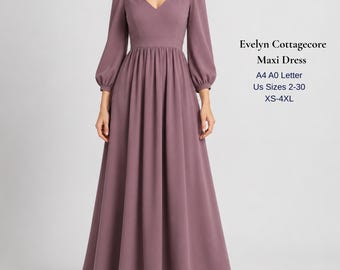 Evelyn Cottagecore Maxi Dress Sewing Pattern, V-Neck Empire Waist Gown PDF, Puff Sleeve Dress, XS-4XL