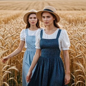 Puede incluir: Dos mujeres con sombreros de paja y vestidos están de pie en un campo de trigo. La mujer en primer plano lleva una blusa blanca y un vestido de lunares azules y blancos. La mujer en el fondo lleva un vestido azul claro con tirantes blancos.